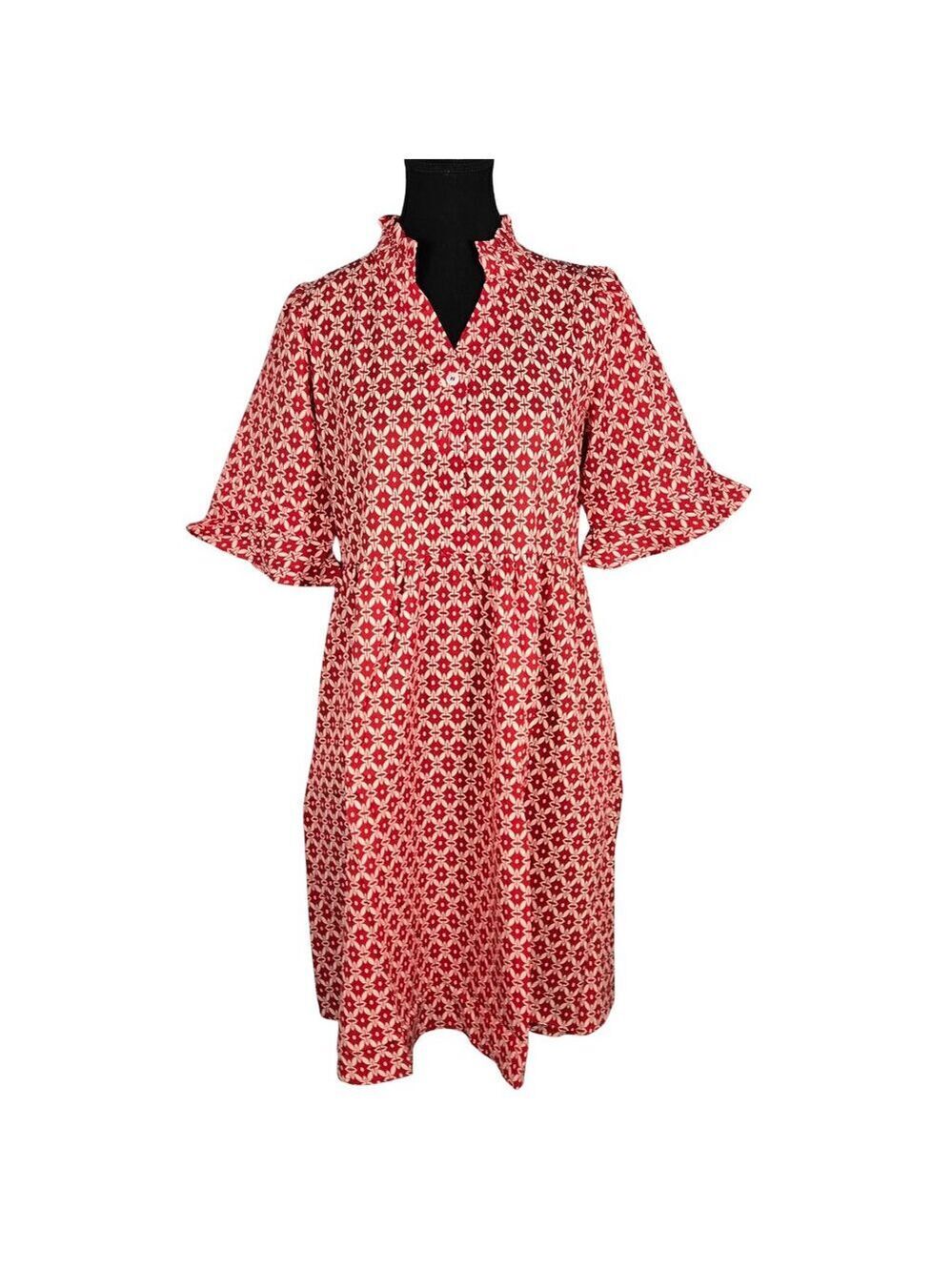 NWT | OURIN Red & Cream Geometric Floral Ruffle Sleeve Dress | Small
